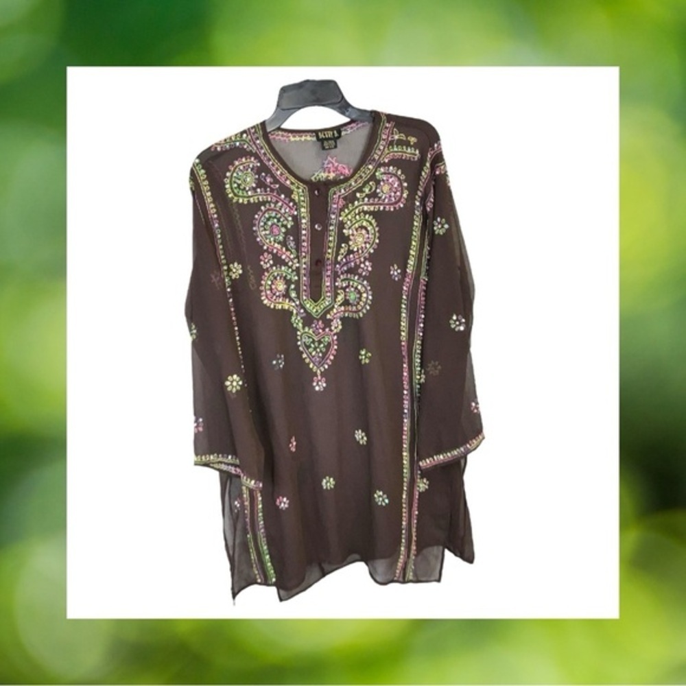 Betty B. Brown Multicolored Stitching/Sequins Long Sheer Tunic Kimono Top One Sz